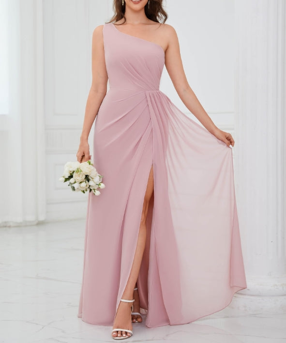 One Shoulder Prom Dresses for Women Ruched Chiffon A Line Evening Formal Gown with Slit